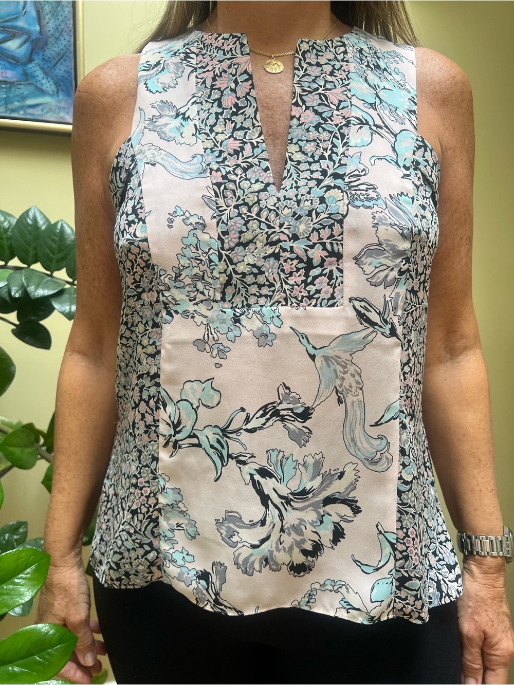 BCBGMaxAzria Blush Pink and Aqua Floral Split-Neck Camisole, size Small